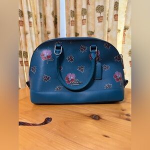 Coach Mini Sierra Satchel Teal Floral Print Leather Crossbody Bag